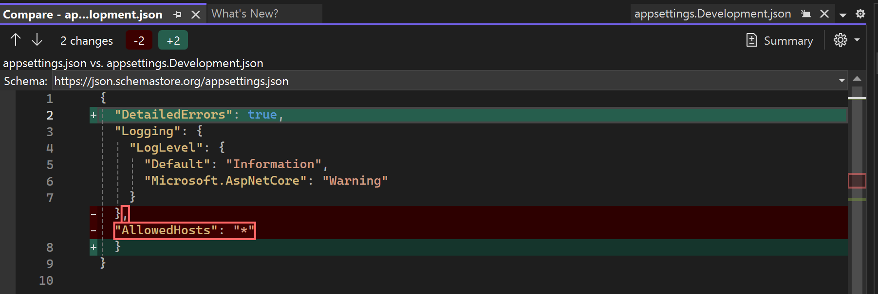 显示内联视图中差异的屏幕截图。