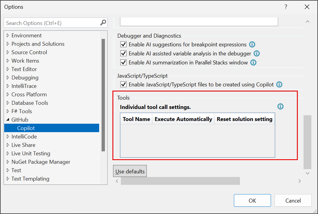 GitHub Copilot 工具调用设置的屏幕截图。