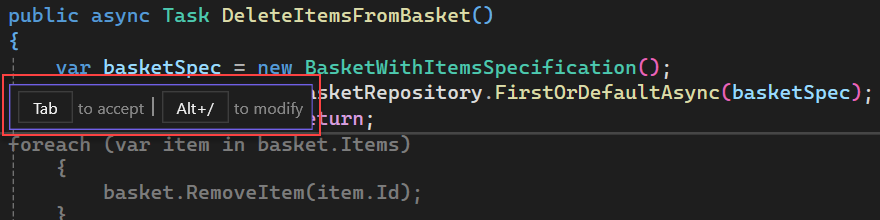 在 Visual Studio 中显示用于接受或修改 GitHub Copilot 代码建议的选项的屏幕截图。