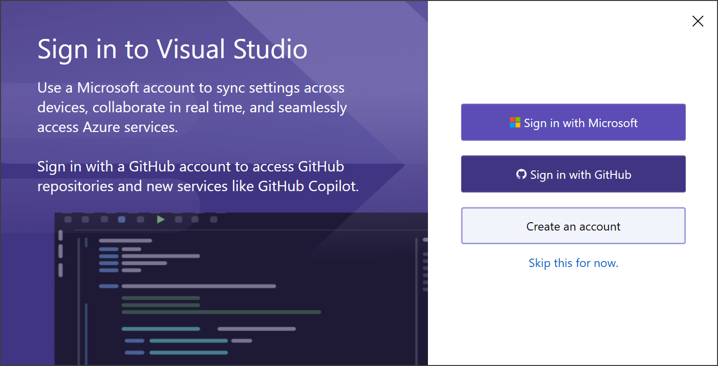 显示 Visual Studio 首次启动时登录的屏幕截图。