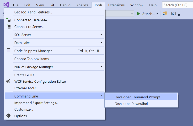 Visual Studio 2019 中命令行菜单的屏幕截图。