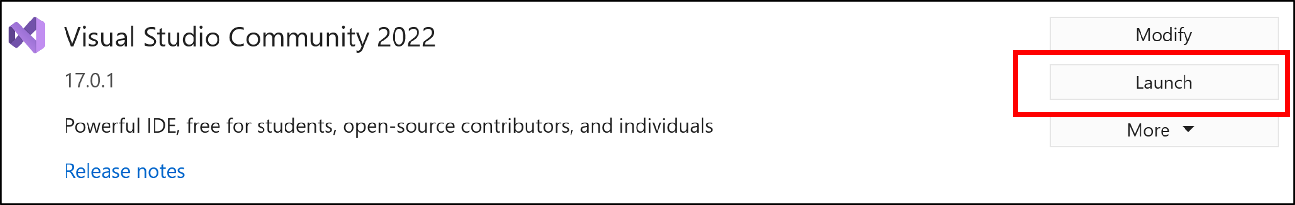 显示可以选择启动 Visual Studio 的“启动”按钮的屏幕截图。