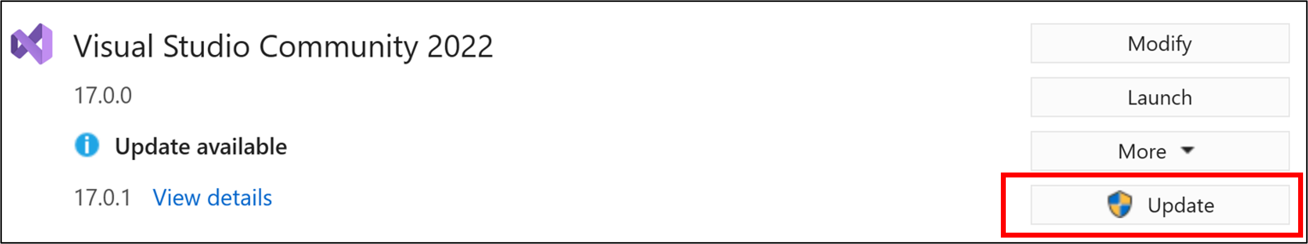 显示可以选择安装新更新的“更新”按钮的屏幕截图。