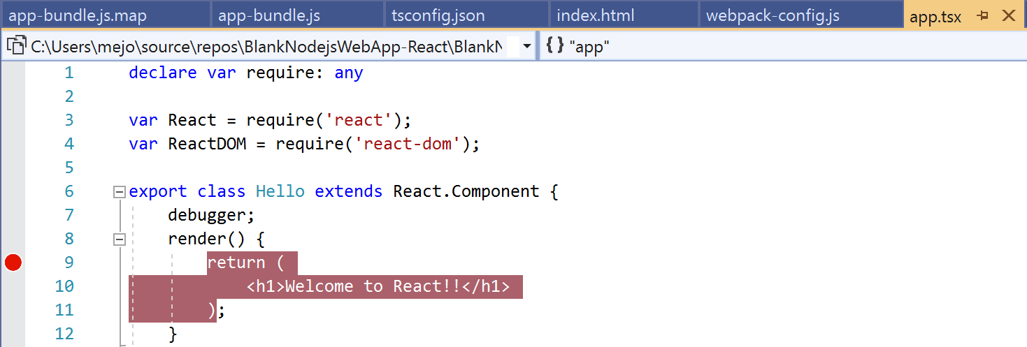 屏幕截图，显示在 app.tsx 中渲染函数的返回语句上设置的断点。