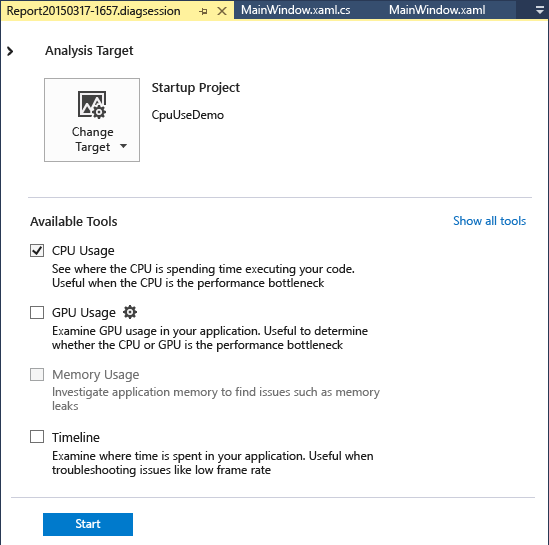 选择“CPU 使用情况” 屏幕截图显示选择“CPU 使用情况”。
