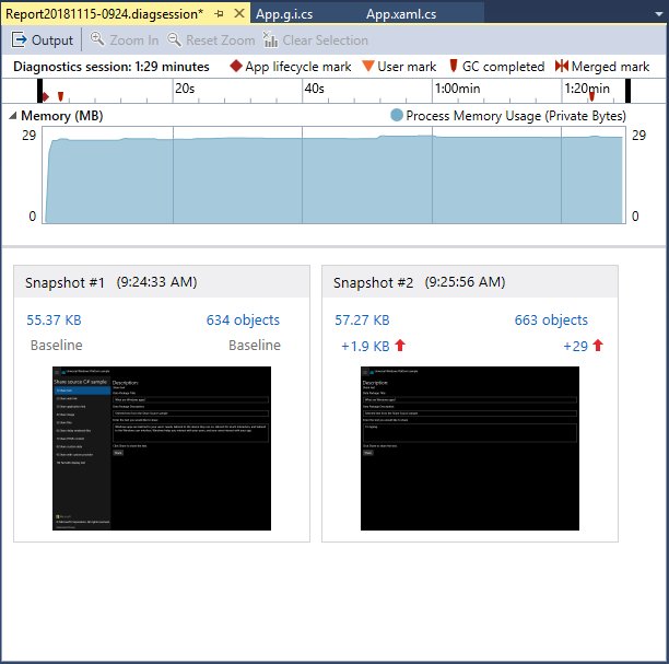 Memory Usage overview page Screenshot of the overview page in the Memory Usage tool in the Visual Studio Performance Profiler, showing a memory usage graph and two snapshot panes.