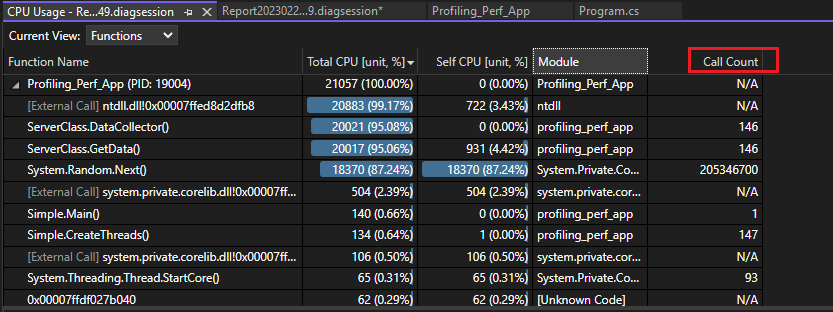 CPU 使用率的“设置”。 显示调用计数数据的屏幕截图。