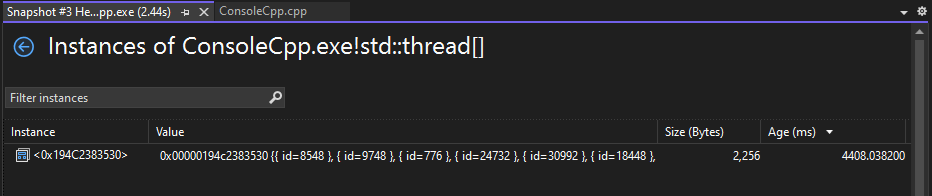“实例”视图和“分配调用堆栈”窗格的屏幕截图。
