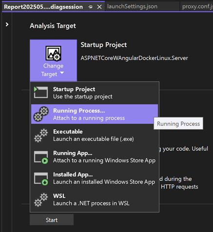选择正在运行的进程的屏幕截图。
