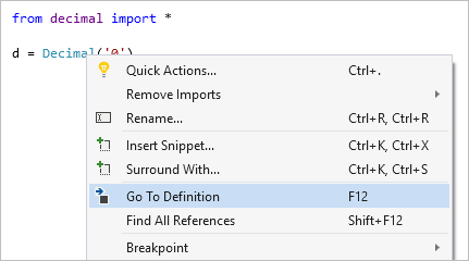显示 Visual Studio 中的“转到定义”命令的屏幕截图。