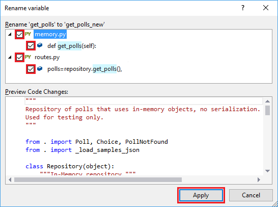 Screenshot that shows how to apply the new name to specific instances of an identifier and preview the changes in Visual Studio 2019.