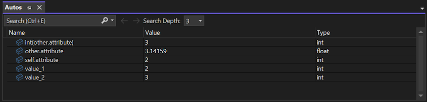 显示 Visual Studio 调试器中的“自动”窗口的屏幕截图。