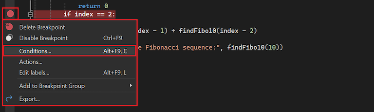 显示如何选择在 Visual Studio 中为断点配置条件的选项的屏幕截图。