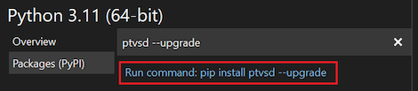 显示如何在 Python 环境窗口中选择 ptvsd 升级命令的屏幕截图。