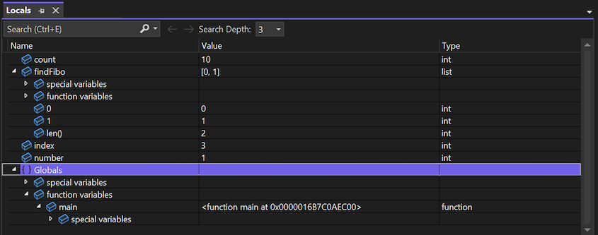 显示 Visual Studio 调试器中“局部变量”窗口的屏幕截图。