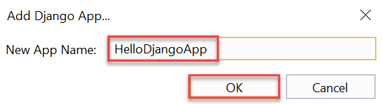 显示如何在 Visual Studio 的弹出对话框中输入新 Django 应用的名称的屏幕截图。
