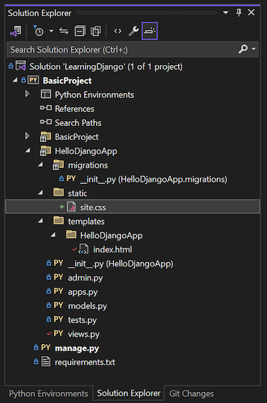 显示解决方案资源管理器中的静态文件结构的屏幕截图。
