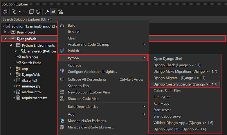 屏幕截图,显示如何在 Visual Studio 中选择 Django 为项目创建超级用户命令。
