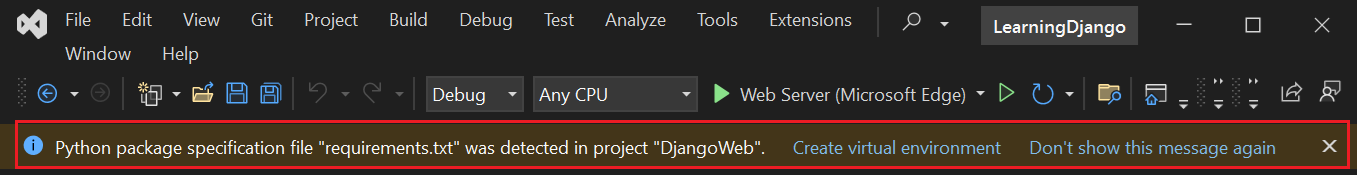 屏幕截图,显示有关在 Visual Studio 中检测 Django Web 项目的要求文件的消息提示。