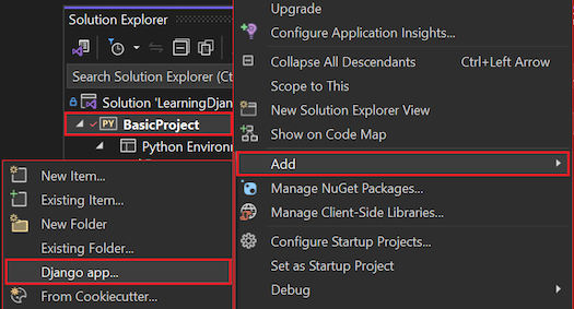 显示如何在 Visual Studio 的上下文菜单中添加新 Django 应用的屏幕截图。