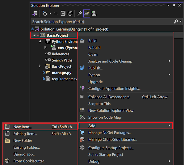 显示如何在 Visual Studio 中向项目添加新项的屏幕截图。