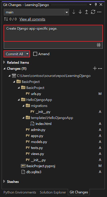 屏幕截图,显示如何在“Git 更改”窗口中编辑提交消息并提交应用页面代码的所有更改。