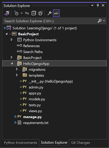 显示 Visual Studio 中具有应用文件的 Django 子文件夹的屏幕截图。