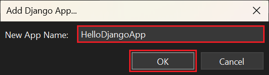 显示如何在 Visual Studio 中输入新 Django 应用的名称的屏幕截图。