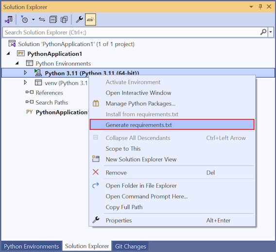 显示如何在 Visual Studio 2022 中为 Python 包依赖项生成要求文本文件的屏幕截图。