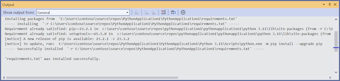显示从要求文本文件安装 Python 包的输出的屏幕截图。