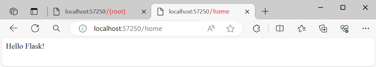 屏幕截图显示如何在浏览器中检查重构的 Flask 应用程序的根路由 (/)。