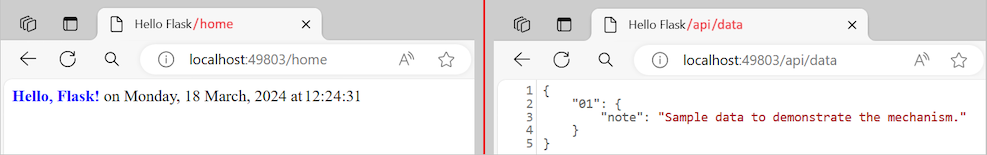 此屏幕截图展示了根路由 (/) 更新后的应用页面视图,以及 /api/data 路由所输出的静态文件内容。