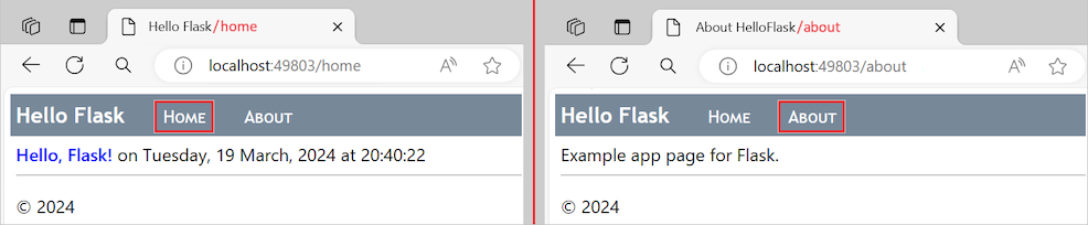 屏幕截图,显示修改后的 Flask 应用,该应用使用模板继承在所有页面中呈现标题和导航栏。