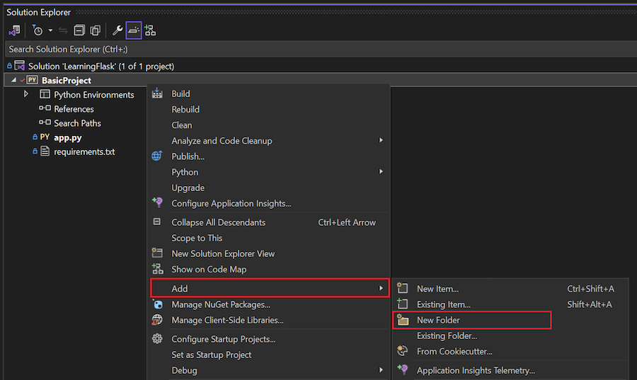 显示如何在 Visual Studio 中添加 Hello Flask 文件夹的屏幕截图。