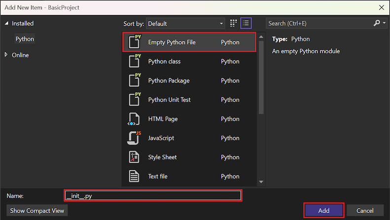 显示如何在 Visual Studio 中添加 init python 文件的屏幕截图。