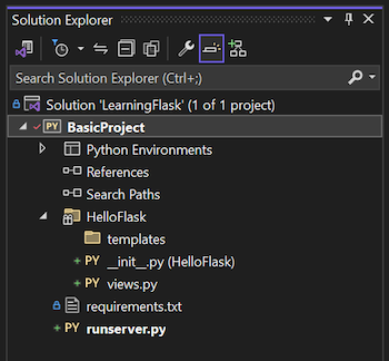 显示 Visual Studio 解决方案资源管理器中更新的 Flask 项目结构的屏幕截图。