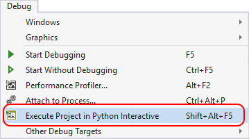显示如何在 Visual Studio 中使用 Python 交互菜单中的“调试执行项目”的屏幕截图。