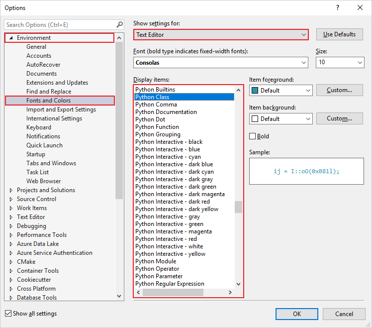 显示“选项”对话框中“环境”下的 Python 字体和颜色选项的屏幕截图。
