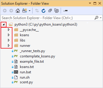 显示 Visual Studio 解决方案资源管理器中文件夹的展开和折叠箭头的屏幕截图。