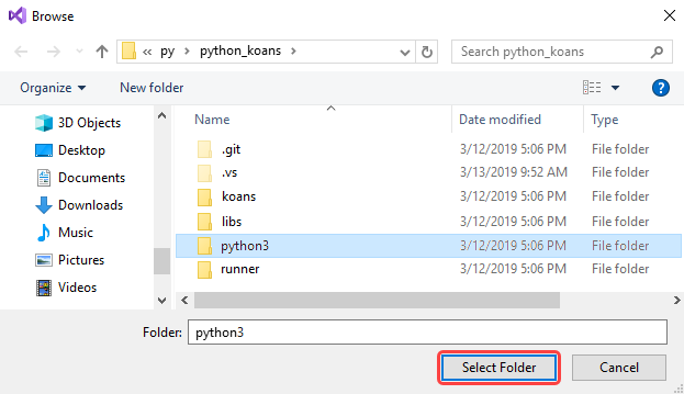 显示如何在 Visual Studio 中选择包含现有 Python 代码的本地文件夹的屏幕截图。