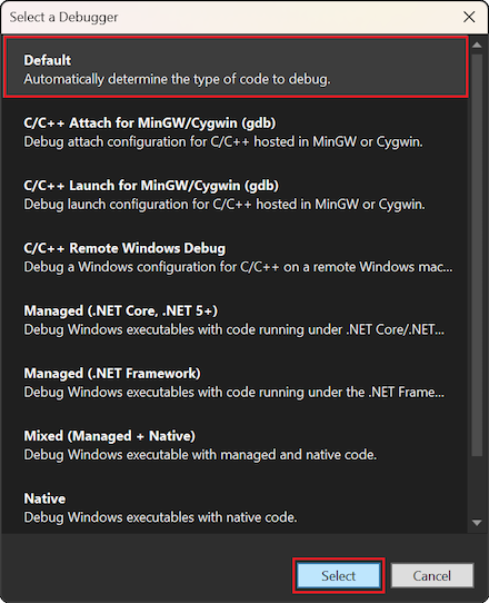 显示如何在 Visual Studio 2022 的“选择调试器”对话框中选择默认调试器的屏幕截图。