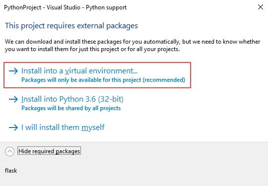 提示在 Visual Studio 中将所需的包依赖项安装到虚拟环境中的屏幕截图。