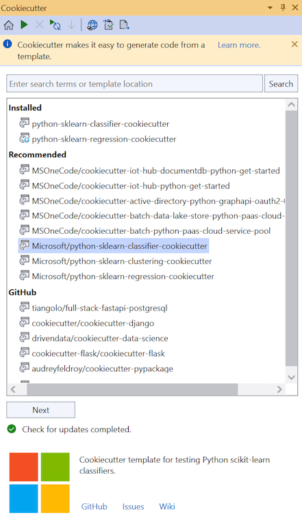 显示如何从 Cookiecutter 模板创建新项目的屏幕截图。