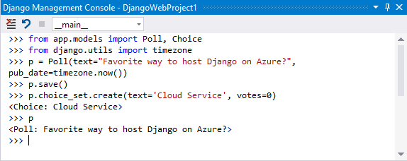 显示 Visual Studio 中 Open Django Shell 命令的结果的屏幕截图。