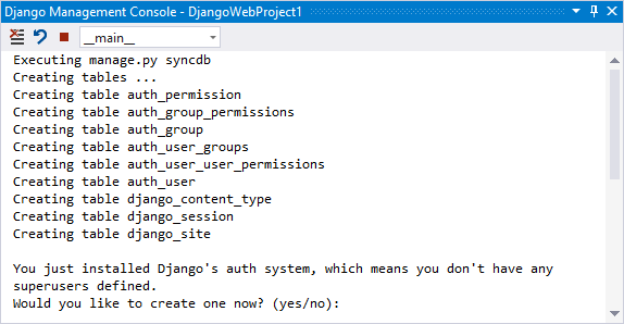 显示 Visual Studio 中 Django Sync DB 命令的结果的屏幕截图。
