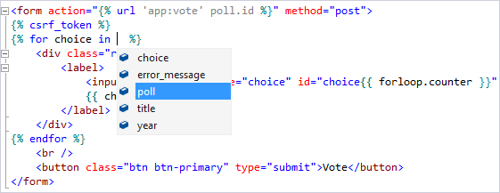 显示 IntelliSense 对 Visual Studio 的 Django 开发中使用的上下文变量的支持的屏幕截图。
