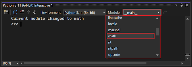 显示如何使用“模块范围”下拉菜单在 Visual Studio 2022 的交互式窗口中更改作用域的屏幕截图。