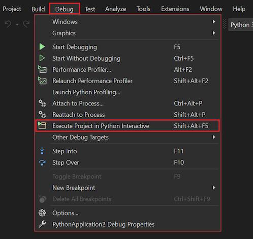 显示如何在 Visual Studio 2022 中使用 Python 交互菜单中的“调试执行项目”选项的屏幕截图。