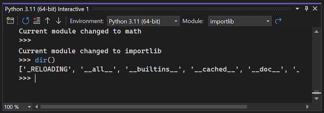 屏幕截图,显示 Visual Studio 2022 中 importlib 作用域的交互式窗口中的输出。