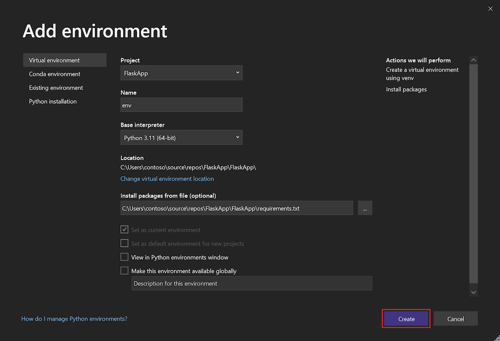显示如何在 Visual Studio 2022 中为 Flask 项目添加虚拟环境的屏幕截图。